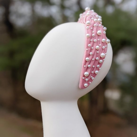 Pink Pearl Knot Velvet Headband Pearl Beads Handmade Knotted Turban Maximalist main image 4